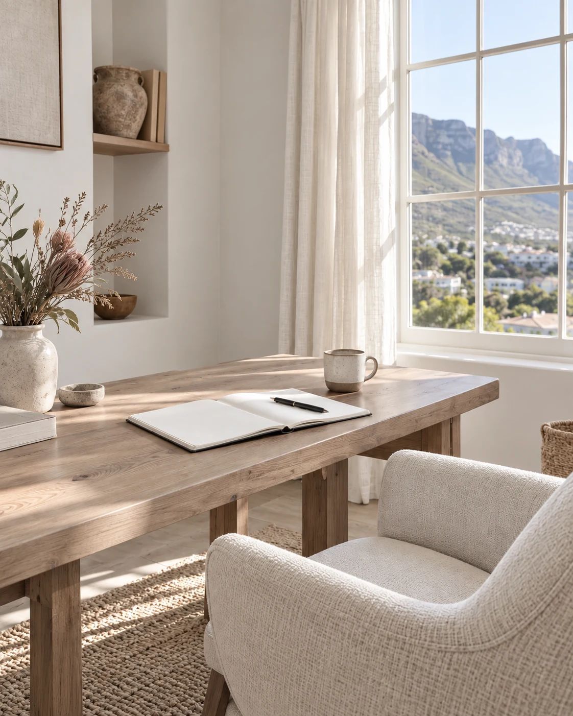 Natural light across a timber desk, open notebook and cream chair